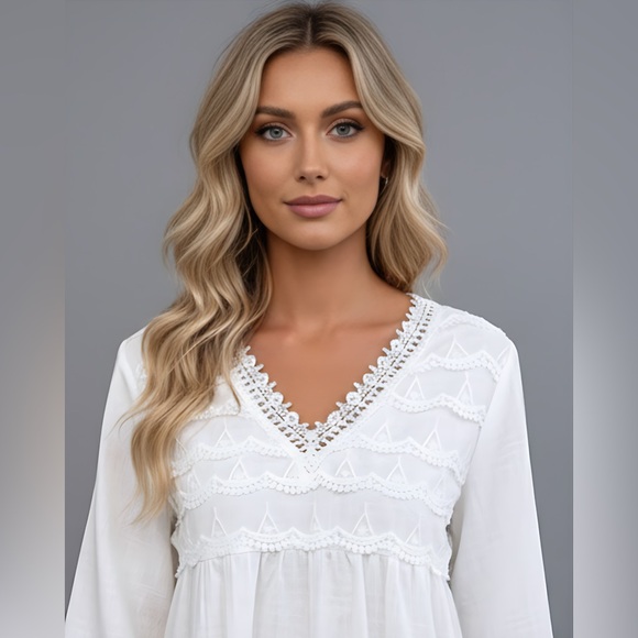 French Guipure Lace Trim Flare Sleeve Peplum Blouse - Picture 2 of 8